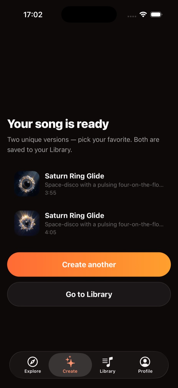 Your song is ready — two unique versions