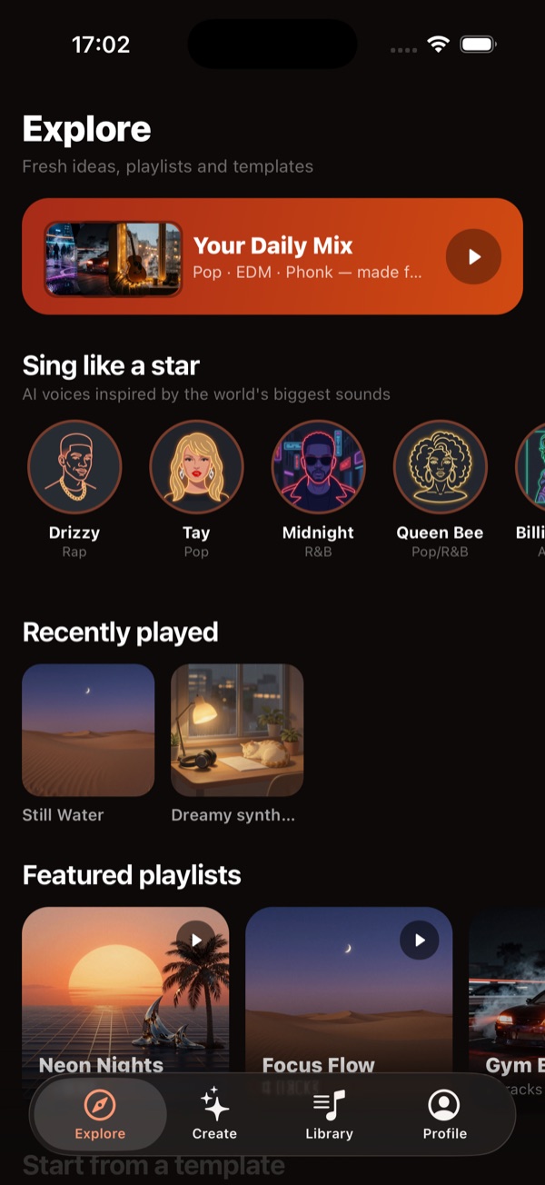 Explore — AI voices, daily mix and playlists