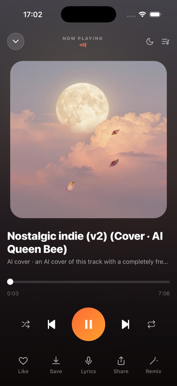 Built-in player with lyrics, share and remix